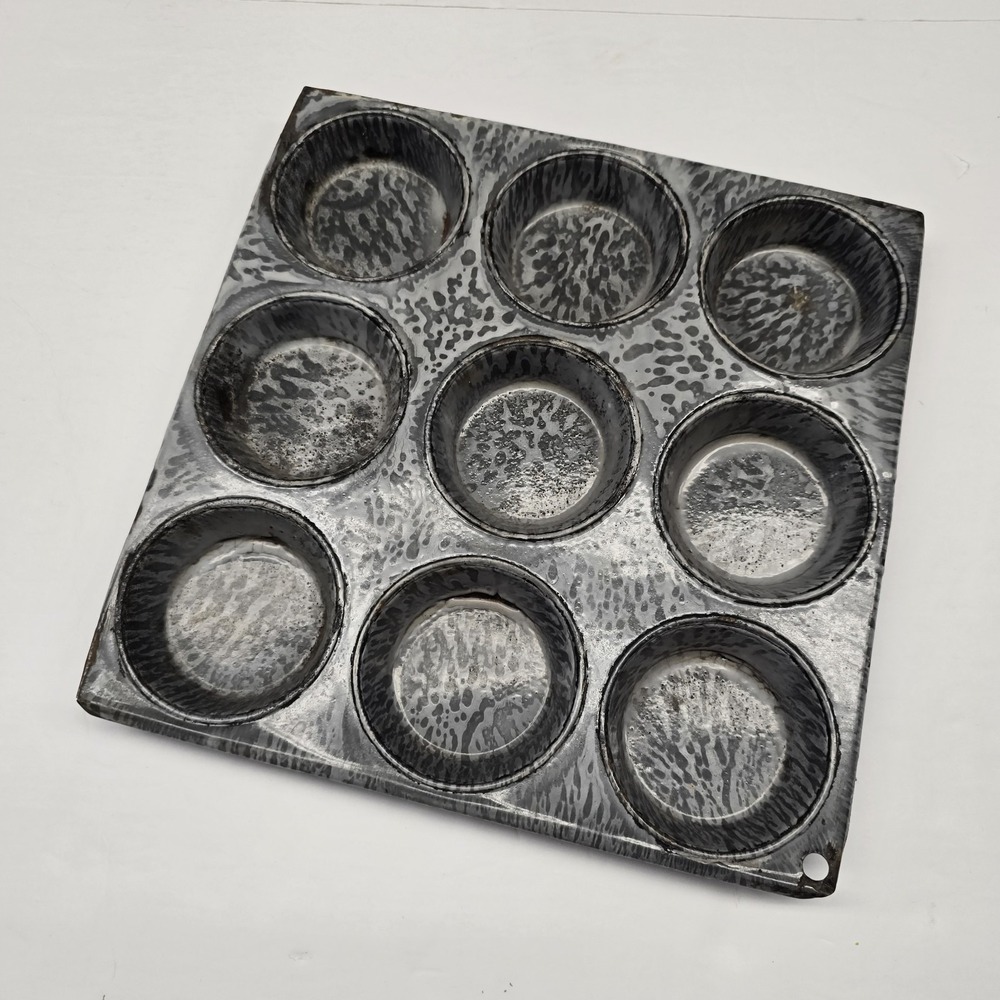 Vintage Gray Granite 9 Muffin Pan Muffins Enamel Ware Kitchen Baking Graniteware